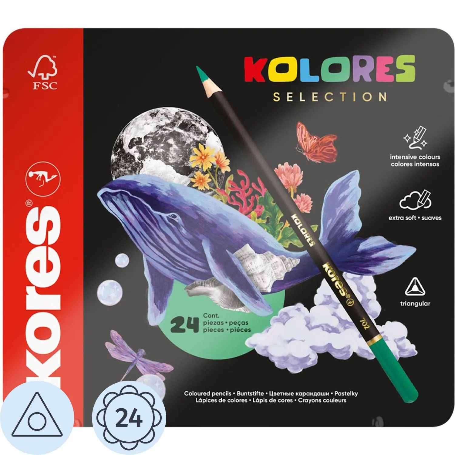 Карандаши цветные Kores Kolores 3-гран 3мм 24 цв/наб в металл. коробке 93325