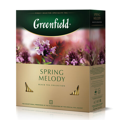 Чай GREENFIELD «Spring Melody» черный с чабрецом, мятой, смородиной, 100 пакетиков в конвертах по 1.5 г