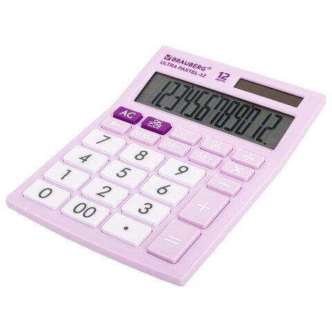 Калькулятор настольный BRAUBERG ULTRA PASTEL-12-PR (192×143 мм), 12 разрядов, двойное питание, СИРЕНЕВЫЙ