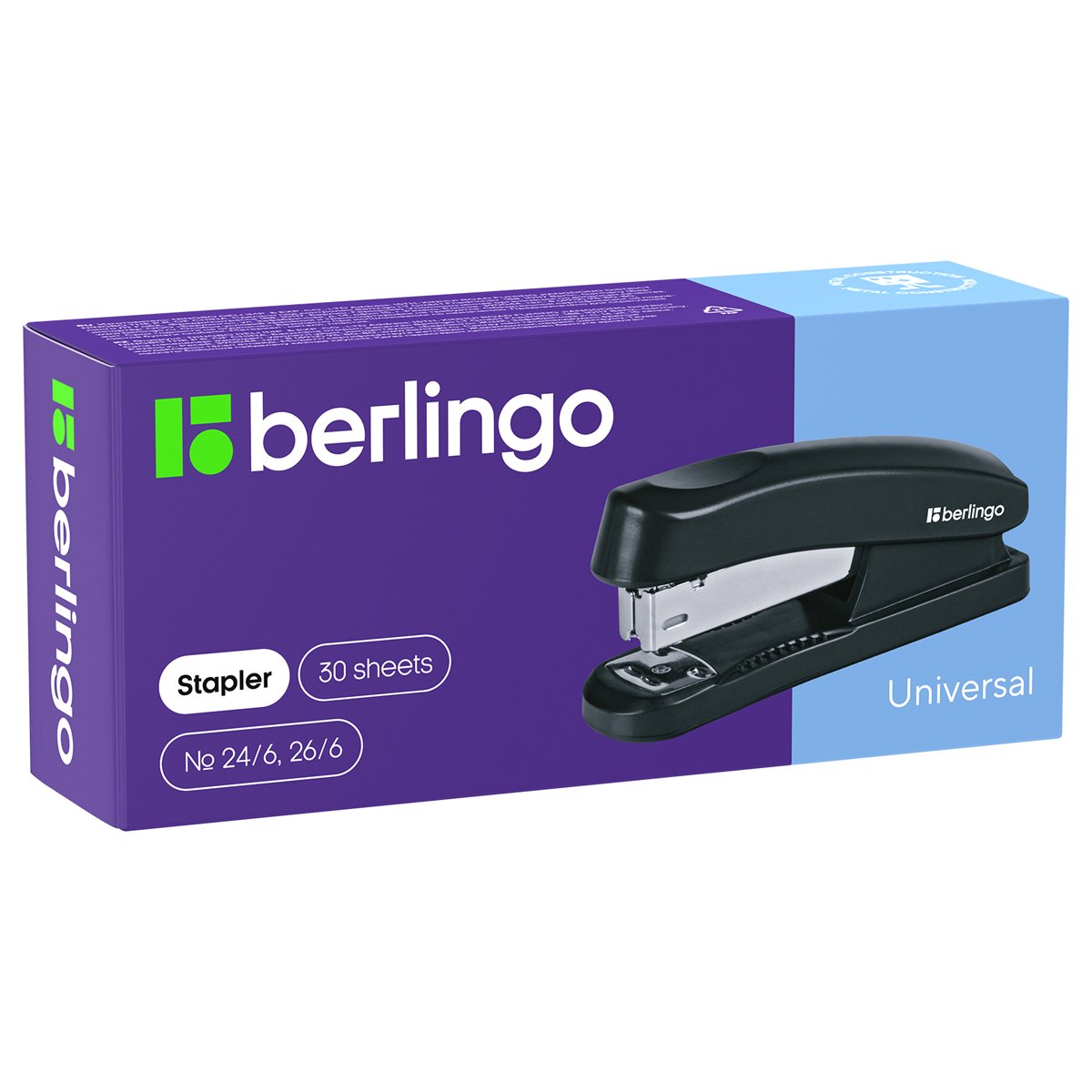 Степлер №24/6, 26/6 Berlingo «Universal» до 30л., пластиковый корпус, черный