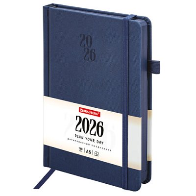 Ежедневник датированный 2026, А5, 138×213 мм, BRAUBERG «Plain», под кожу, резинка, держатель для ручки, синий