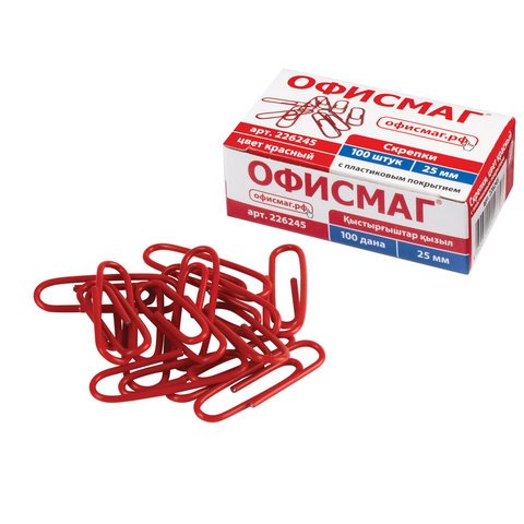 Скрепки ОФИСМАГ, 25 мм, красные, 100 шт., в картонной коробке