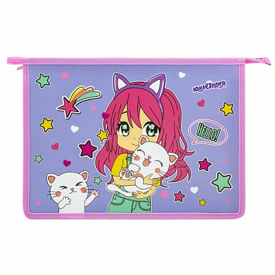 Папка для тетрадей ЮНЛАНДИЯ А4, 1 отделение, пластик, на молнии, «Anime hugs»