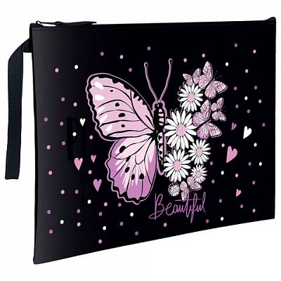 Папка для тетрадей BRAUBERG А4, 1 отделение, полиэстер, на молнии, с ручкой, «Flower butterfly»