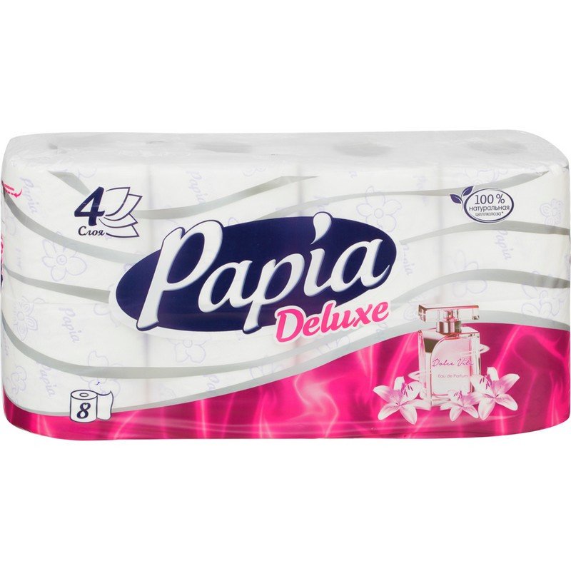 превью Бумага туалетная Papia Delux Dolce Vit 4-слойная белая (8 рулонов в упаковке)