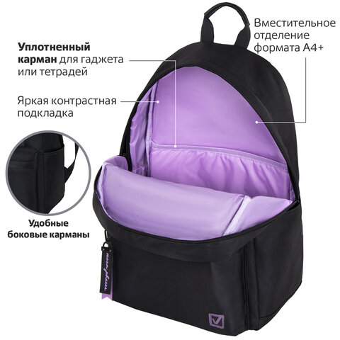 Рюкзак BRAUBERG FASHION CITY универсальный, потайной карман, «Moon», черный, 44×31х16 см