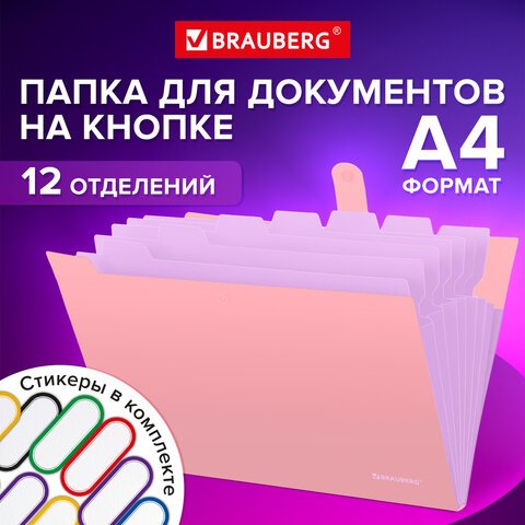 превью Папка-органайзер на кнопке 12 отделений, BRAUBERG «Extra», А4, персиковая с лавандовым
