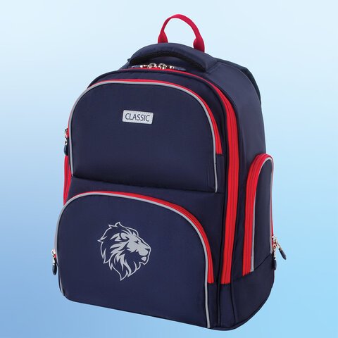 Рюкзак BRAUBERG CLASSIC, легкий каркас, премиум материал, «Lion», синий, 37×32×21 см, 228829