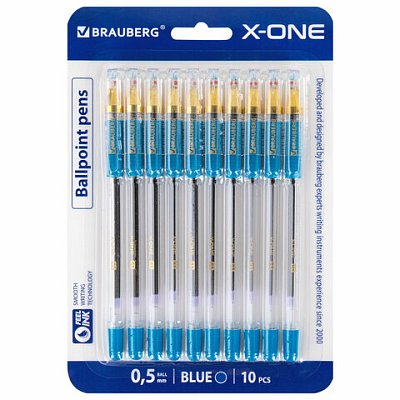 Ручки шариковые с грипом BRAUBERG «X-ONE», НАБОР 10 ШТУК, СИНИЕ, корпус прозрачный, узел 0.5 мм, линия письма 0.35 мм
