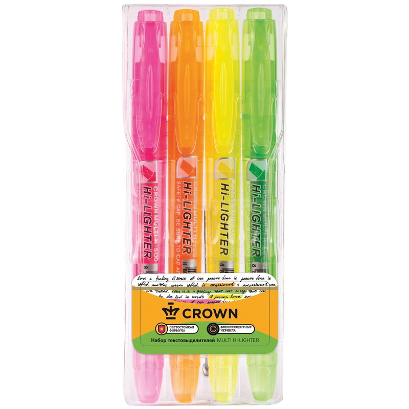 превью Набор текстовыделителей Crown «Multi Hi-Lighter» 4цв., 1-4мм, чехол с европодвесом