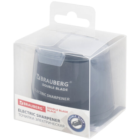 Точилка электрическая BRAUBERG DOUBLE BLADE BLACK, двойное лезвие, питание от 2 батареек АА