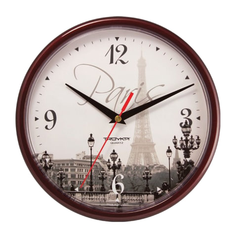 превью Часы настенные TROYKA 91931927, круг, с рисунком «Paris», коричневая рамка, 23×23×4 см