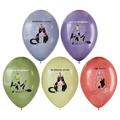 Воздушные шары, 10шт., М12/30см, MESHU «Birthday cat», пастель, ассорти