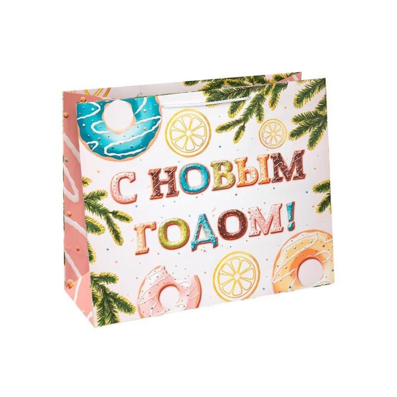 превью Пакет бумажный НГ Пончики с ламинацией,157 г/м2, 40.6×33х16см, 82409