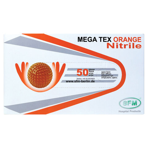 Перчатки нитриловые сверхпрочные с текстурой SFM MEGA TEX ORANGE, Германия, 25 пар (50 штук), размер XL, ЧЗ