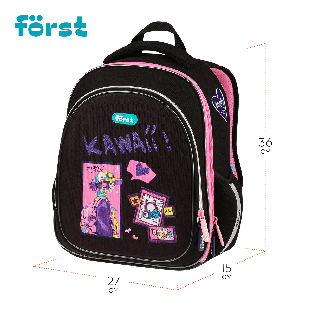 Ранец Först F-Light «Kawaii» 36×27×15см, 2 отделения, 2 кармана, анатомическая спинка