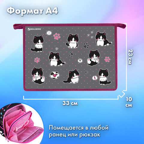 Папка для труда на молнии BRAUBERG А4, 2 отделения, органайзер, «Cat patches»