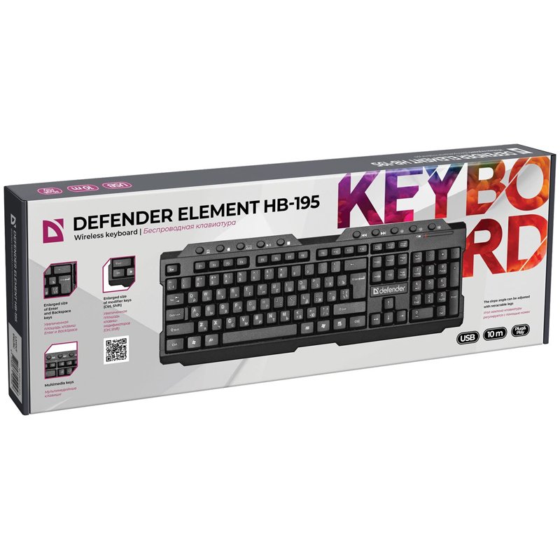 Клавиатура беспроводная Defender Element HB-195, мультимедийная, USB, черный