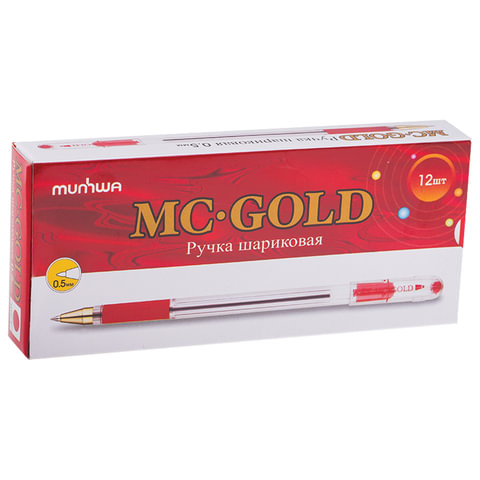 Ручка шариковая масляная с грипом MUNHWA «MC Gold», КРАСНАЯ, корпус прозрачный, узел 0.5 мм, линия письма 0.3 мм