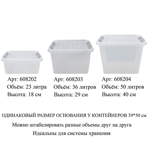 Ящик-контейнер 50 л с КРЫШКОЙ НА ЗАЩЕЛКАХ «ПРОФИ», 40×50х39 см, штабелируемый, ПРОЧНЫЙ, прозрачный