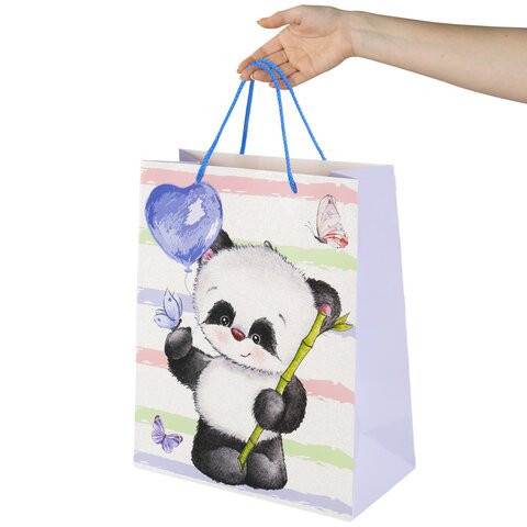 Пакет подарочный 26.5×12.7×33 см ЗОЛОТАЯ СКАЗКА «Lovely Panda», глиттер, белый с голубым