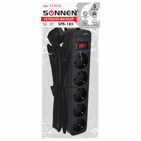 Сетевой фильтр SONNEN SPB-1855 розеток с заземлениемвыключатель10 А1.8 мчерный513656