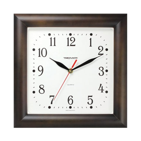 превью Часы настенные TROYKA 81863835, квадрат, белые, коричневая рамка, 29×29×3.5 см