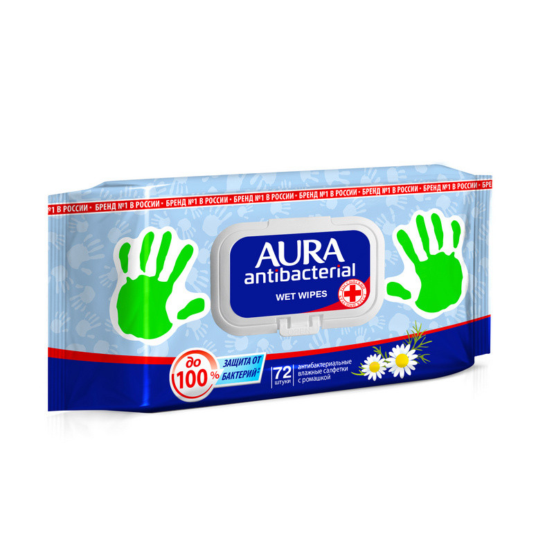 Салфетки влажные AURA «Antibacterial», 72 шт., антибактериальные, «Стикер рука»