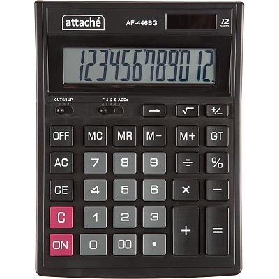 Калькулятор настольный ПОЛНОРАЗМ Attache AF-446BG,12р, дв. п, ч/сер,203×153x48