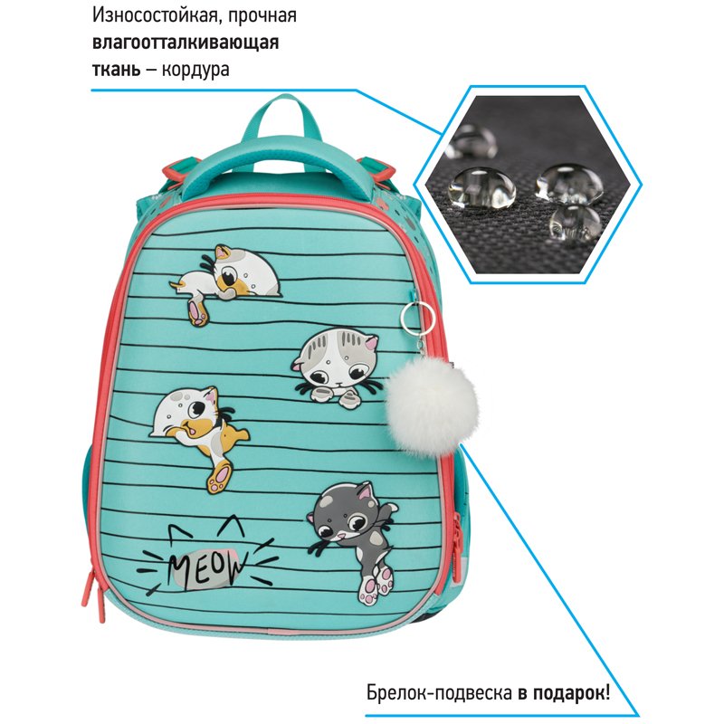 Ранец Berlingo Expert Max «Kittens green» 37×28×16см, 2 отделения, анатомическая спинка, дождевик в комплекте