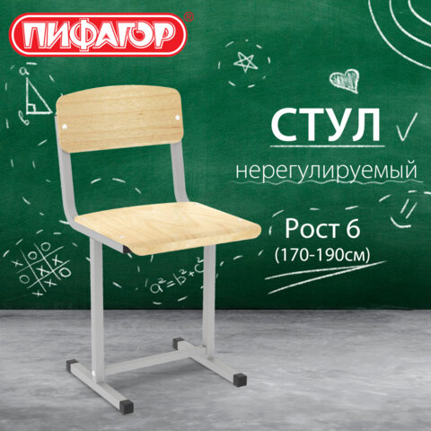 Стул ученический, нерегулируемый ПИФАГОР SC-1, 380×380х790 мм, рост 6 (170-190 см), серый каркас, фанера