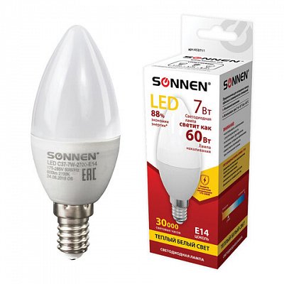 Лампа светодиодная SONNEN, 7 (60) Вт, цоколь Е14, свеча, теплый белый свет, LED C37-7W-2700-E14