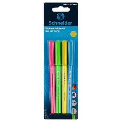 Набор шариковых ручек Schneider «Tops 505 F Candy» 4шт., синие, 0.8мм, корпус неон ассорти, блистер