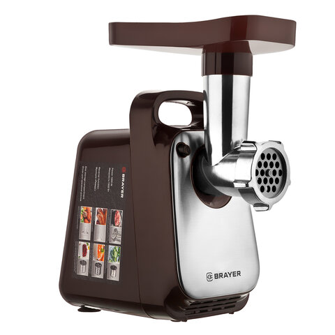 Мясорубка BRAYER BR1601, 1300 Вт, производительность 1.5 кг/мин, металлический шнек, реверс, пластик, коричневая/серебро