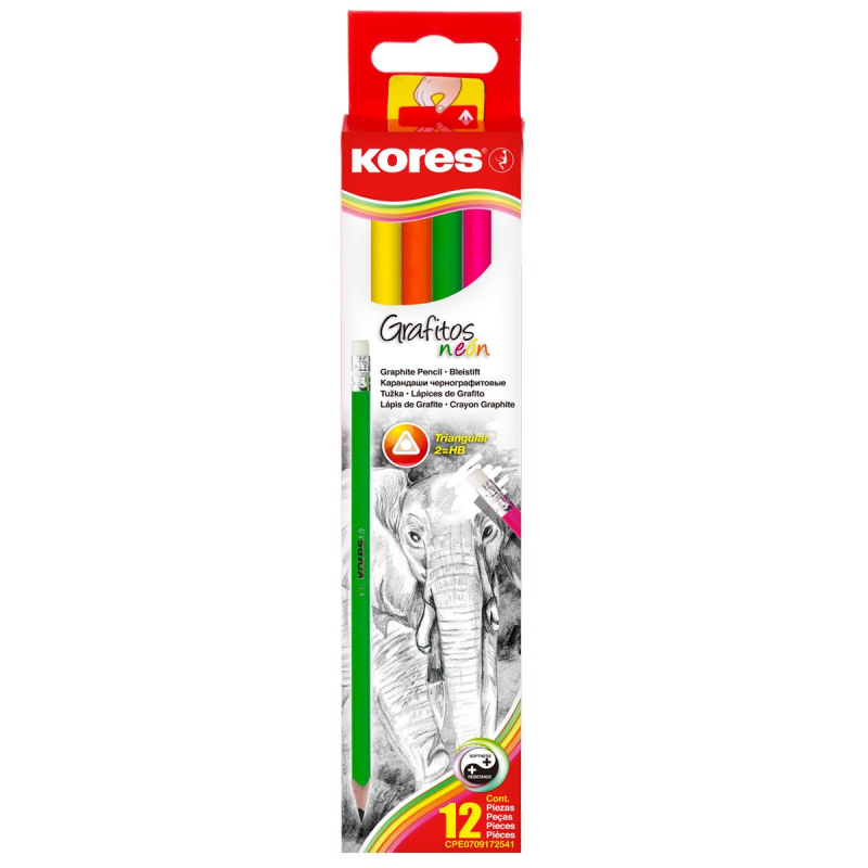 Карандаш чернографитный Kores Grafitos Neon HB заточенный с ластиком