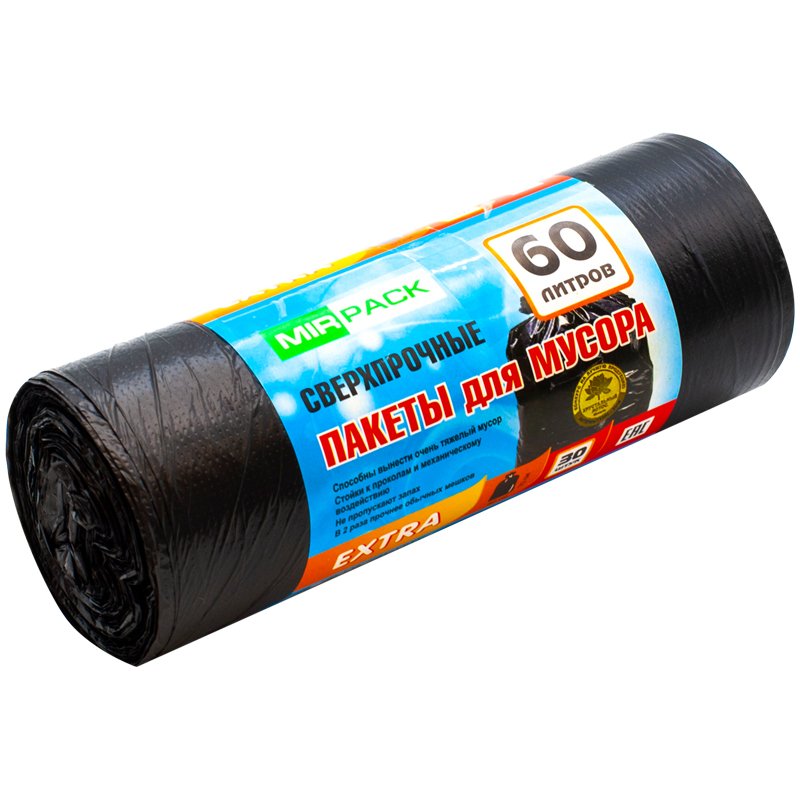 превью Мешки для мусора 60л Mirpack «Extra» ПНД, 60?70см, 12мкм, 30шт., черные, в рулоне