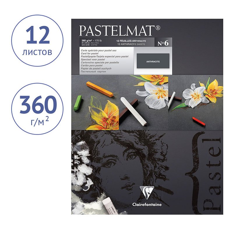 Альбом для пастели 12л. 240×300мм на склейке Clairefontaine «Pastelmat», 360г/м2, бархат, антрацит