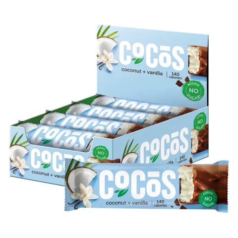 превью Батончик FITNESSHOCK «Cocos» ваниль-кокос, БЕЗ САХАРА, 12 шт. по 35 г в шоубоксе