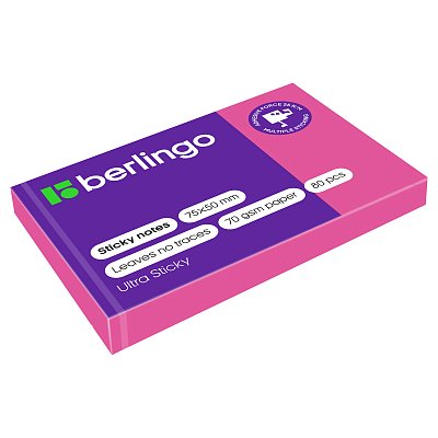 Самоклеящийся блок Berlingo «Ultra Sticky», 50×75мм, 80л, розовый неон