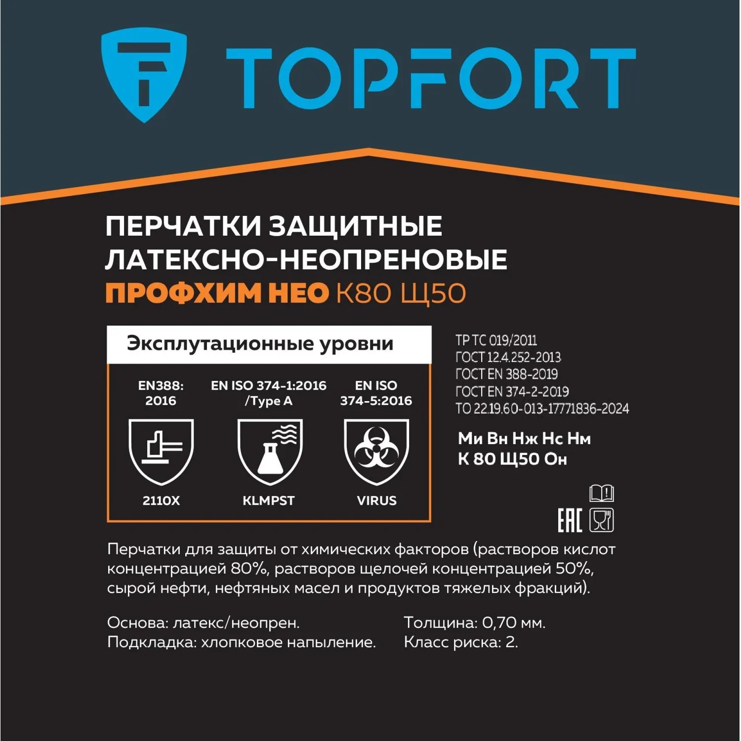 Перчатки КЩС латекс/неопрен TOPFORT Профхим Нео К80 Щ50 цв. желт/син р.8, ПС