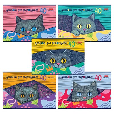 Альбом для рисования А4, 40 л., скоба, обложка картон, HATBER, 205×290 мм, «Котофей» (5 видов), 091512