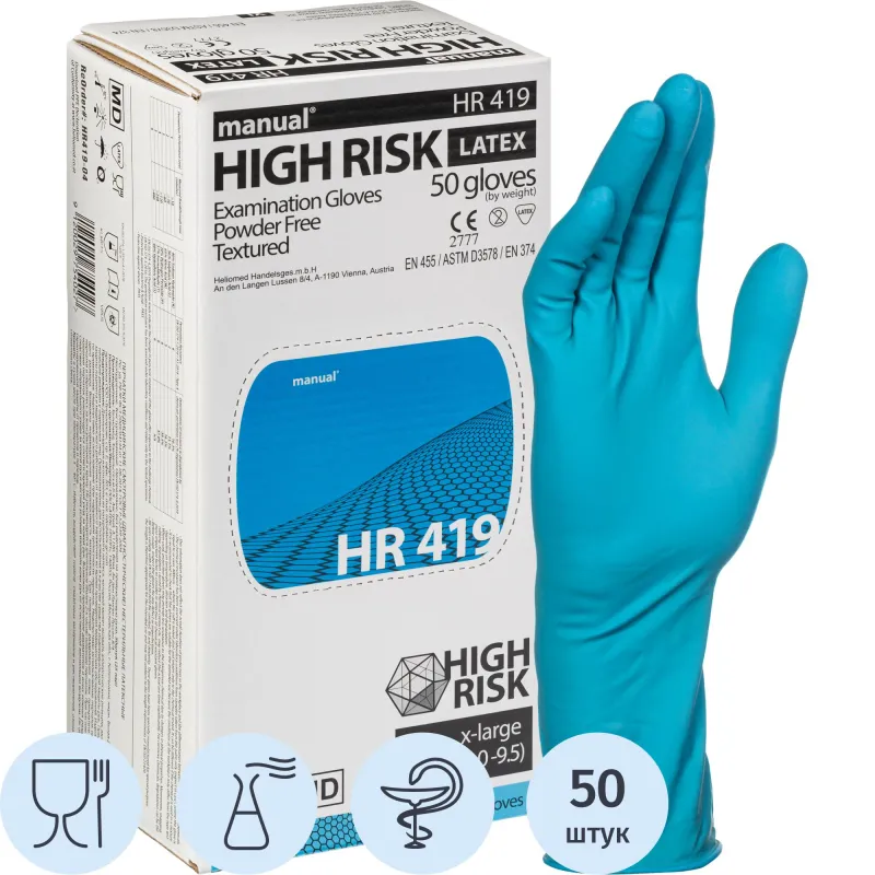 Перчатки мед. смотров. латекс, н/с, н/о, MANUAL HR419 High Risk XL 25пар, ПС