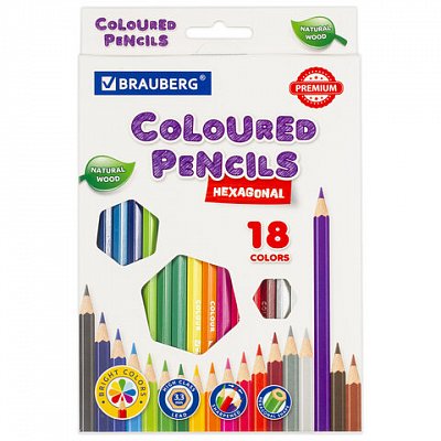 Карандаши цветные BRAUBERG PREMIUM18 цветовшестигранныегрифель мягкий 3.3 мм181657