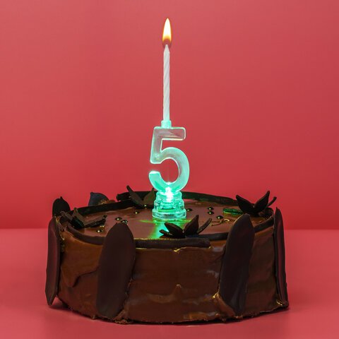 Цифра-подсвечник «5» светодиодная, ЗОЛОТАЯ СКАЗКА, в наборе 4 свечи 6 см, 1 батарейка