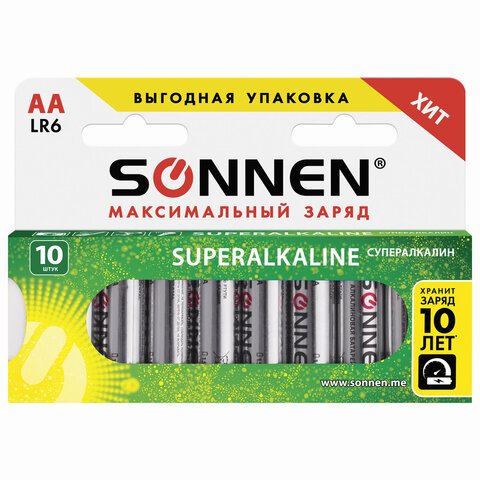 Батарейки SONNEN Super Alkaline, АА (LR06, 15А), алкалиновые, 10 шт., в коробке