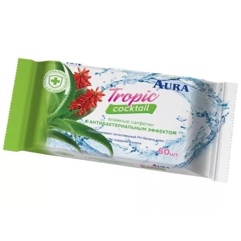 Влажные салфетки освежающие Aura Tropic Cocktail 60 штук в упаковке