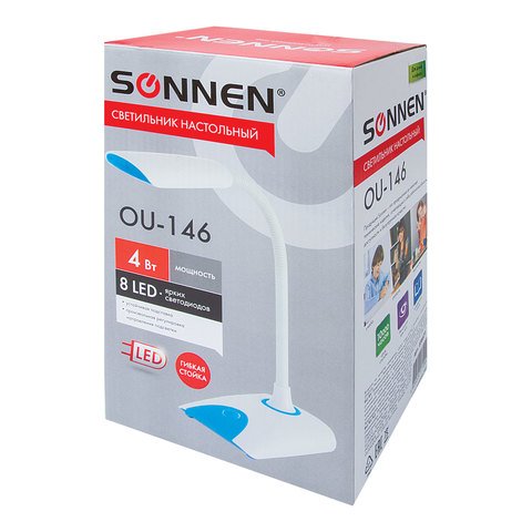 Светильник настольный SONNEN OU-146, на подставке, светодиодный, 4 Вт, белый/синий