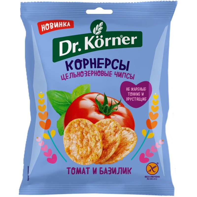 превью Чипсы Dr. Korner цельноз. кукурузно-рисовые с томатом и базиликом, 50г