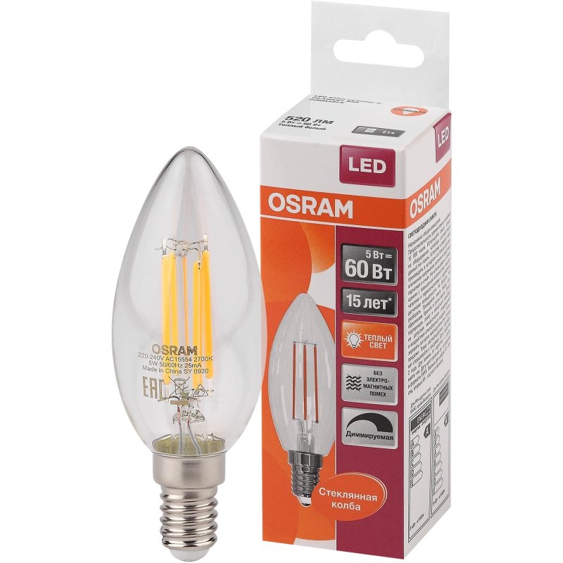 Лампа светодиодная OSRAM LSCLB60D 5W/827 230V FIL E14 FS1