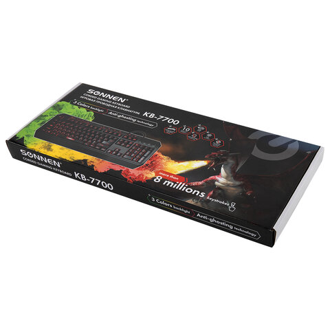 Клавиатура проводная игровая SONNEN KB-7700, USB, 104 клавиши + 10 программируемых клавиш, 3 режима подсветки, черная